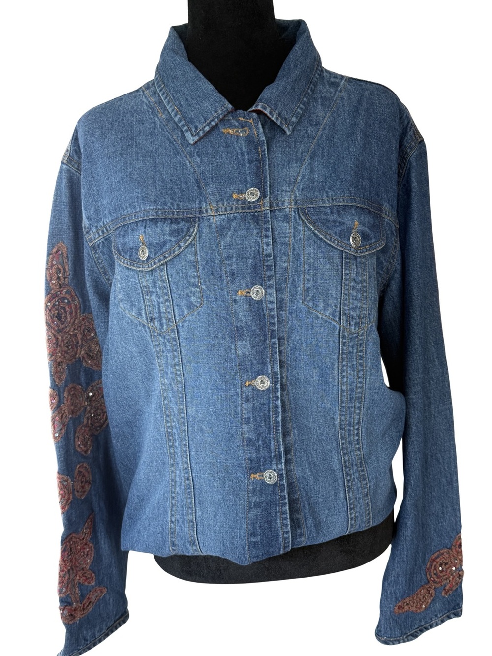 Chico's Light Blue Denim Shirt/Jacket. Embroidery/Sequin Embellishment. Size 3.